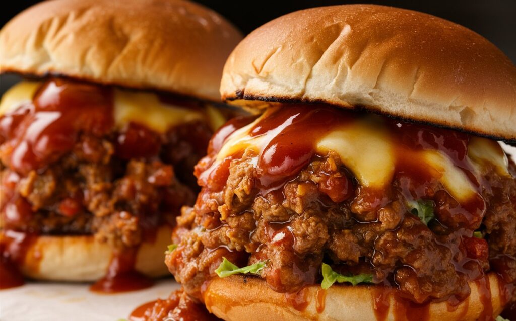 Close-up of a skillet with seasoned ground beef and tangy sauce.