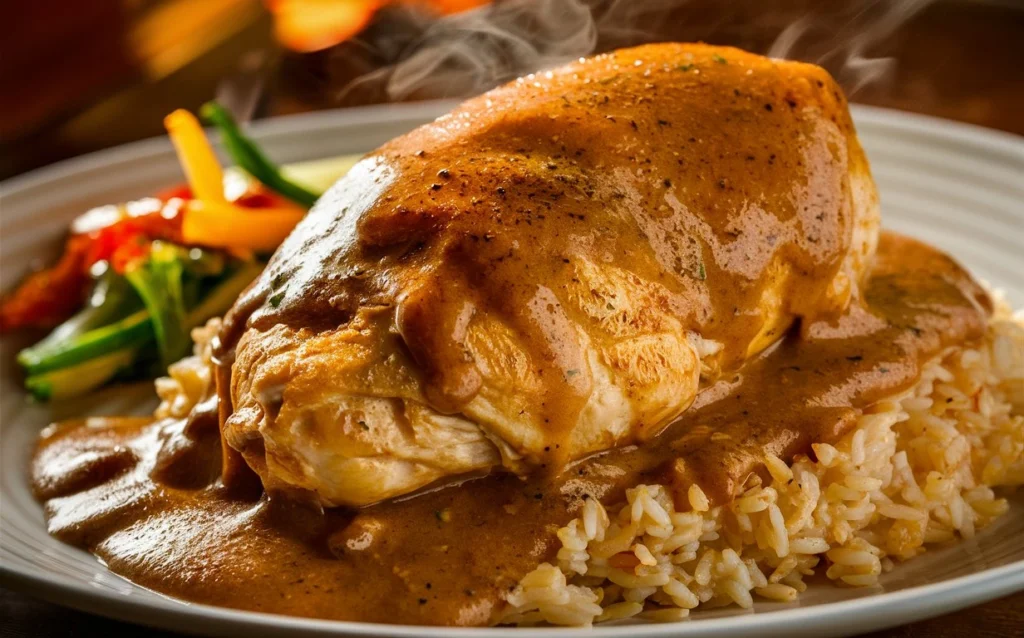 Close-up of Southern Smothered Chicken with gravy in a skillet