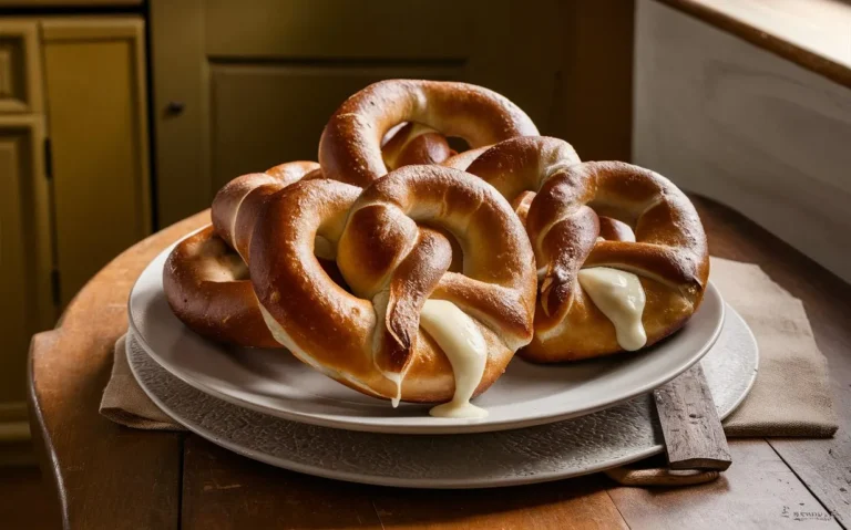 Golden brown mozzarella stuffed soft pretzels fresh out of the oven.