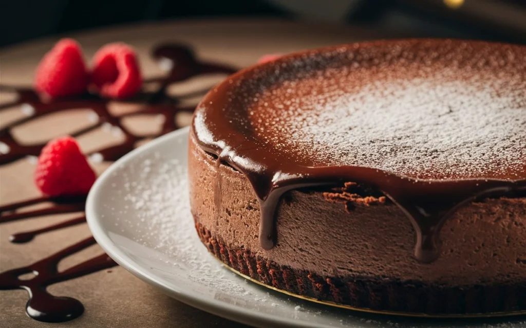 A close-up of a fork slicing through a creamy chocolate cheesecake, revealing its smooth texture. Title: Silky Smooth Chocolate Cheesecake Close-Up