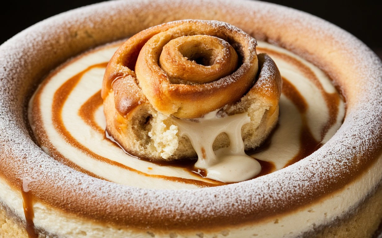 A decadent Cinnamon Roll Cheesecake with cinnamon swirls and creamy glaze