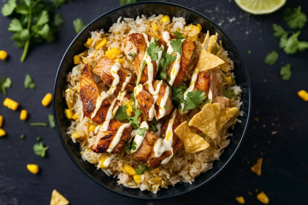 A delicious bowl of grilled chicken, Mexican street corn, fluffy rice, and fresh toppings, served with a lime wedge and a sprinkle of cilantro