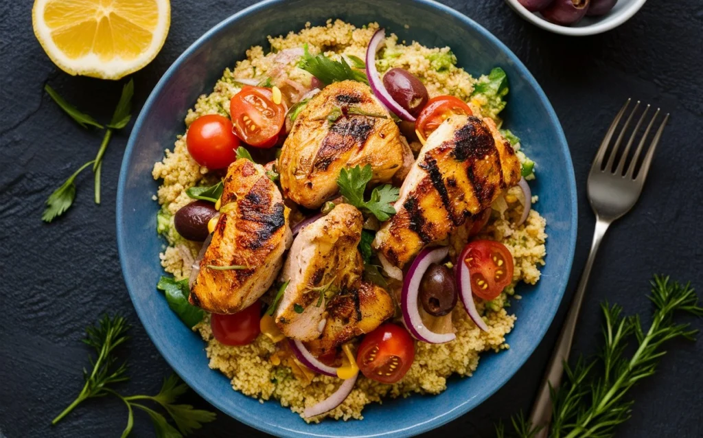 Mediterranean chicken marinated with olive oil, lemon, and herbs
