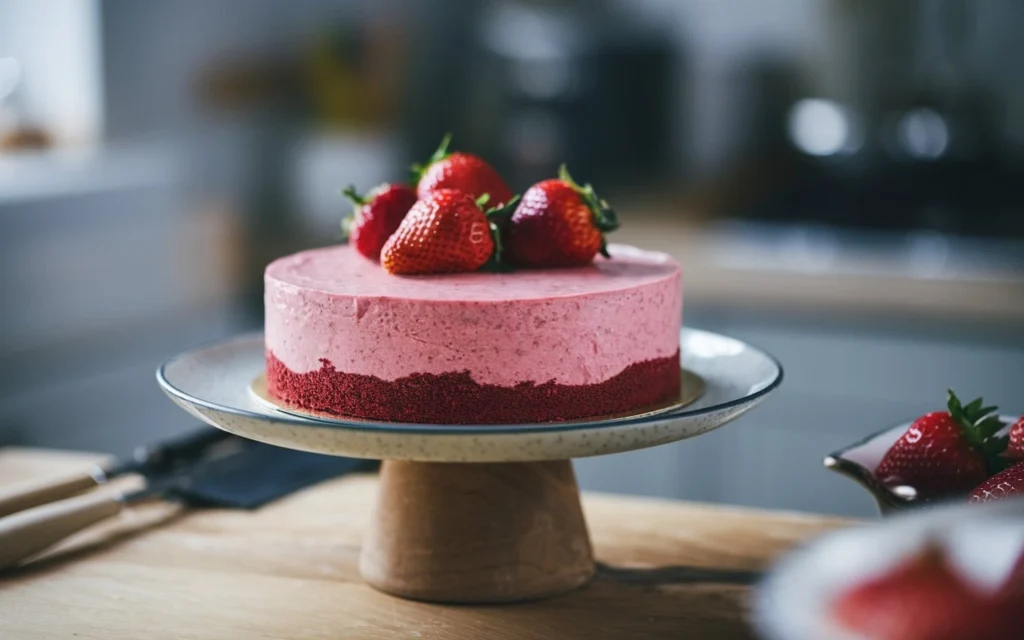 Two perfectly baked red velvet cake layers cooling on a wire rack