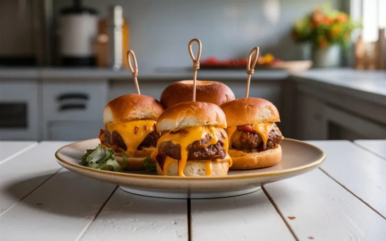 Golden French dip sliders with melted cheese, juicy roast beef, and a side of au jus for dipping.