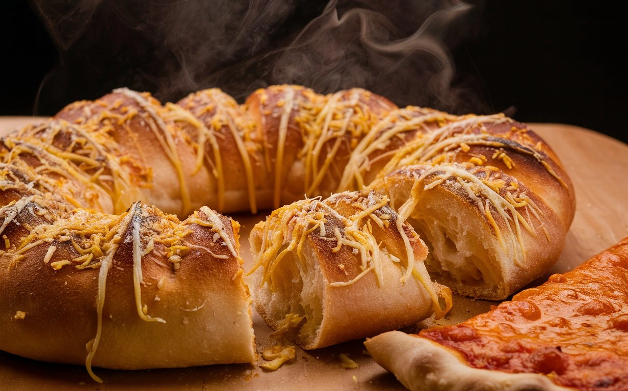 Rolling out pizza dough with garlic butter being applied using a brush.