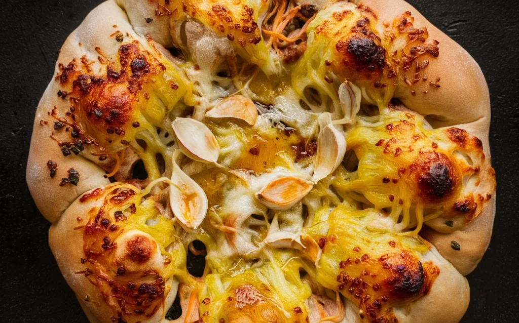 A close-up shot of a slice of garlic cheese bread with gooey melted cheese stretching