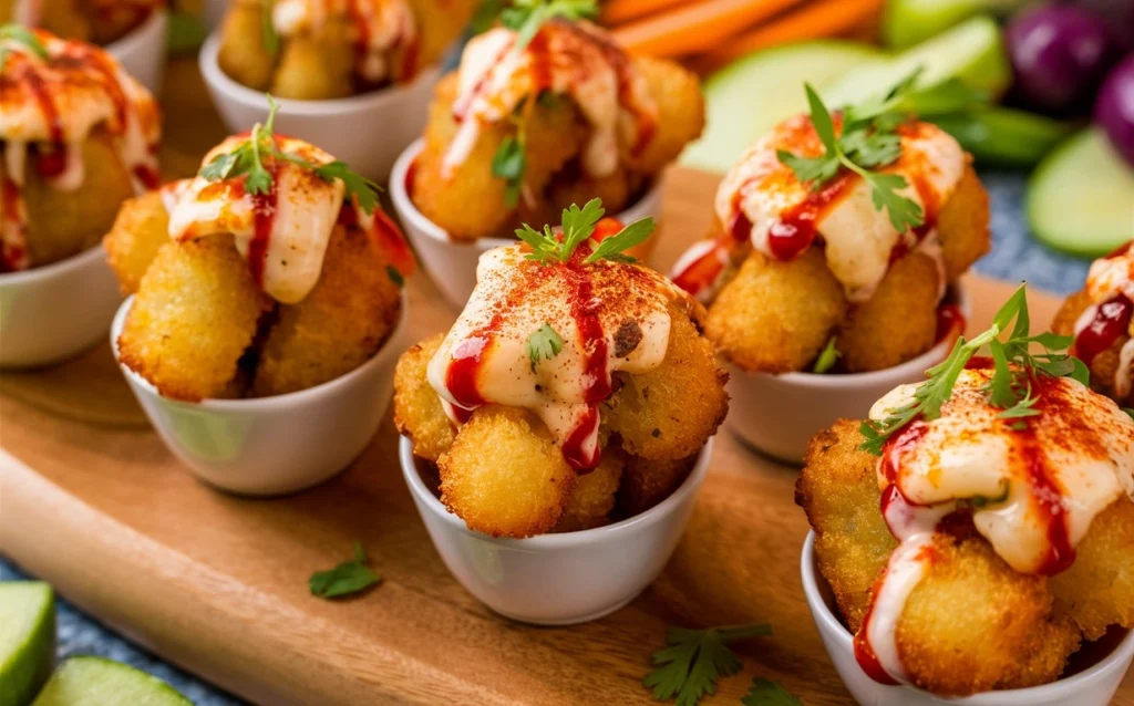 Close-up of Tater Tot Appetizer Cups topped with sour cream and green onions