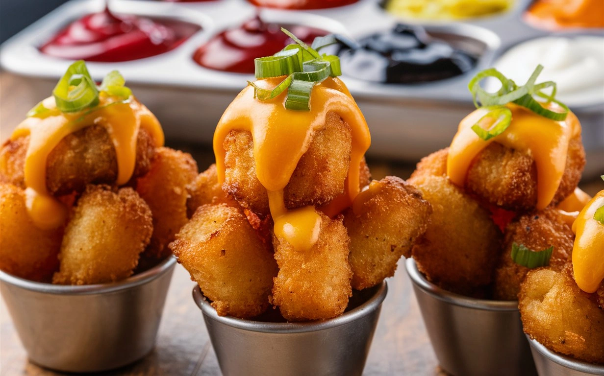 Golden and crispy Tater Tot Appetizer Cups filled with melted cheese and bacon