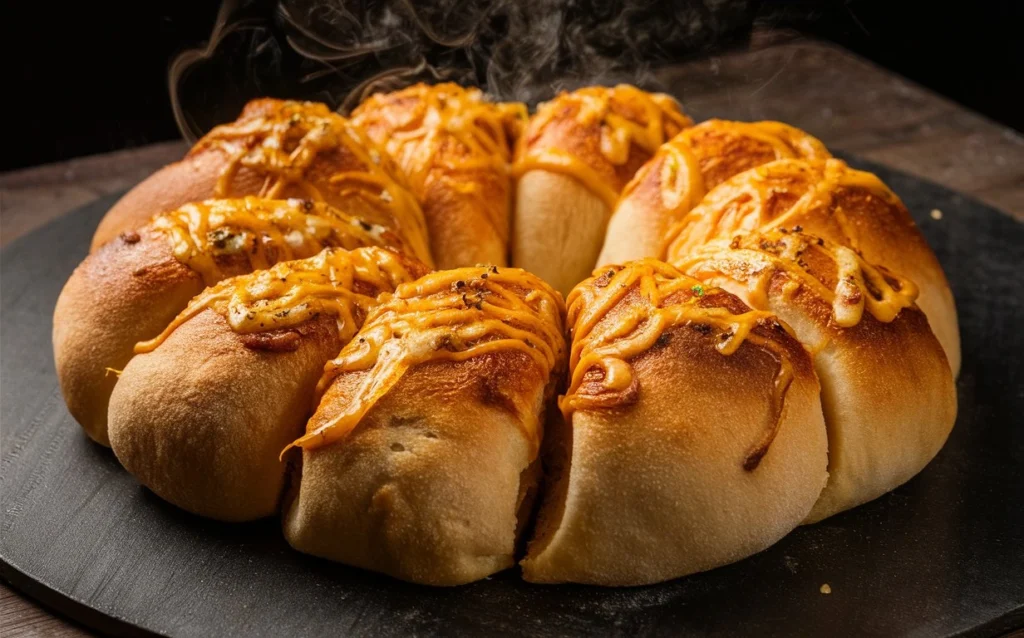 Freshly baked garlic cheese bread garnished with parsley on a wooden cutting board