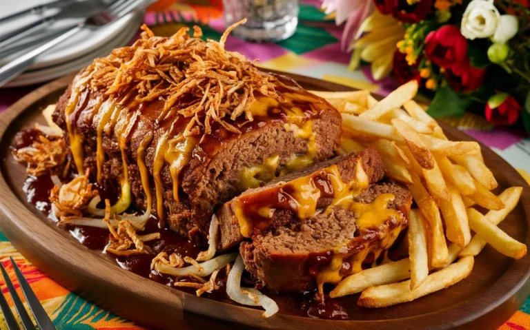 A perfectly baked Philly Cheesesteak Meatloaf sliced to reveal its gooey provolone cheese center, surrounded by sautéed peppers and onions.