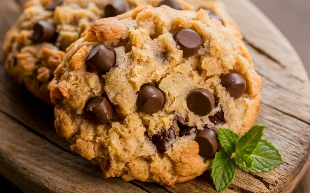 Freshly baked oatmeal chocolate chip cookies on a cooling rack.