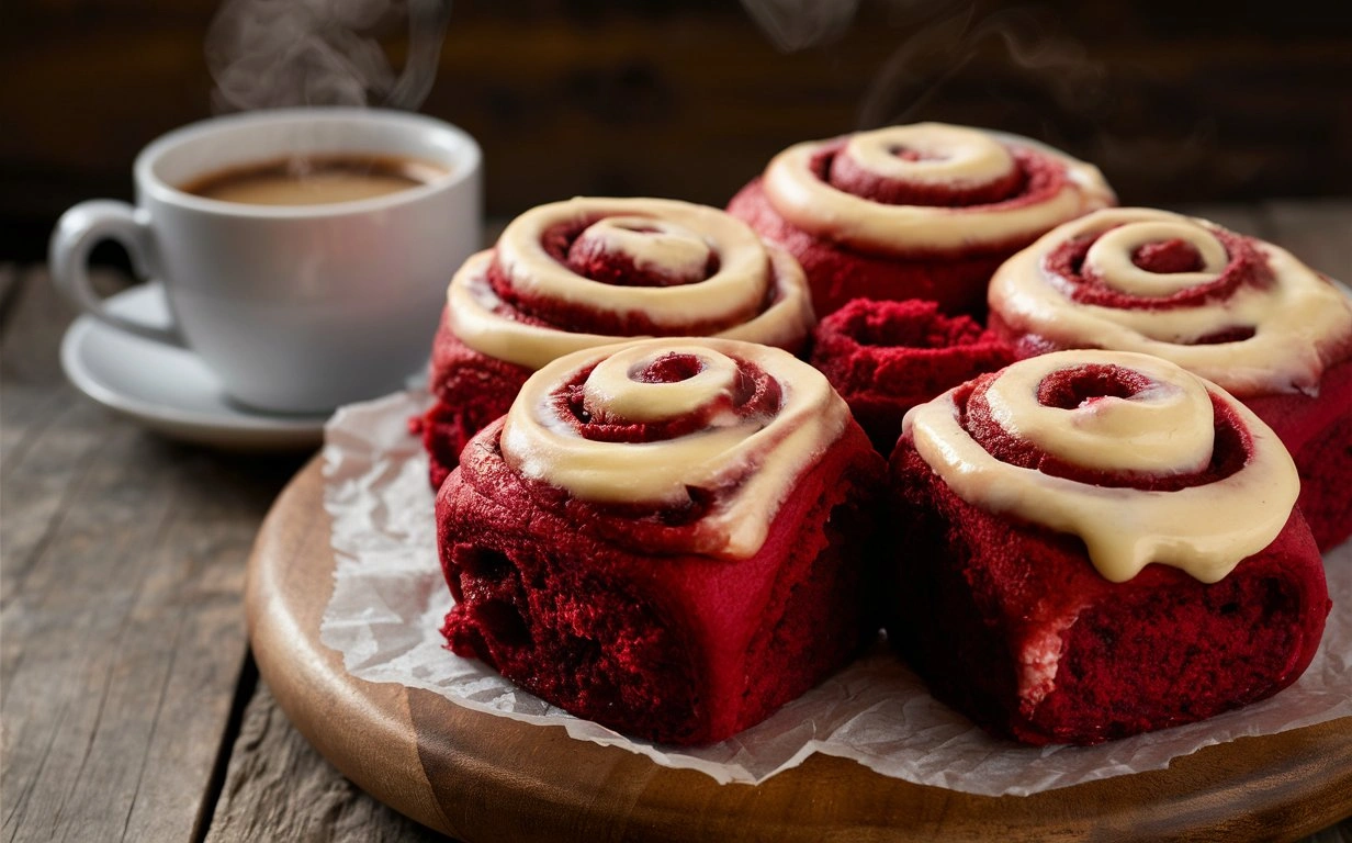 Red Velvet Cinnamon Rolls with cream cheese glaze on a white plate.