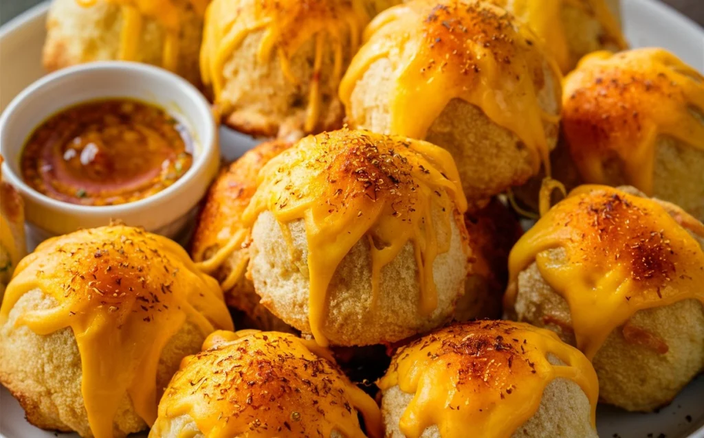 Cheesy Garlic Biscuit Bombs with a melted cheese pull