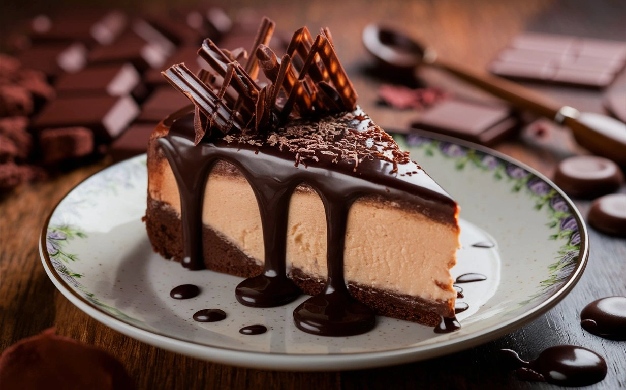 A decadent slice of chocolate cheesecake with a smooth, glossy finish, served on a white plate with a drizzle of chocolate sauce.