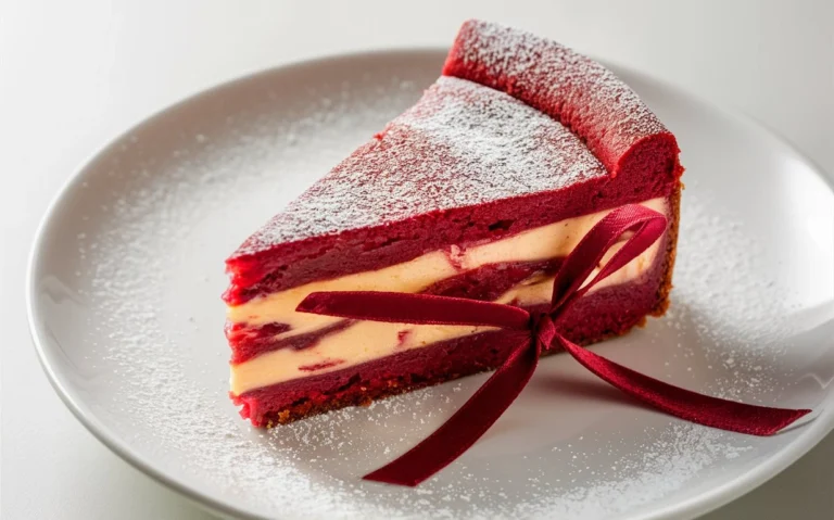 A slice of red velvet cheesecake cake with creamy frosting and red velvet layers