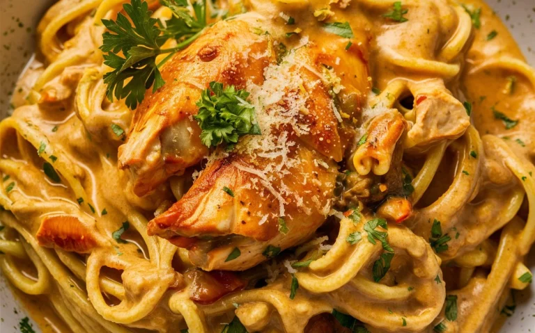 A bowl of creamy Cajun chicken pasta with a rich, spicy sauce and tender chicken pieces.