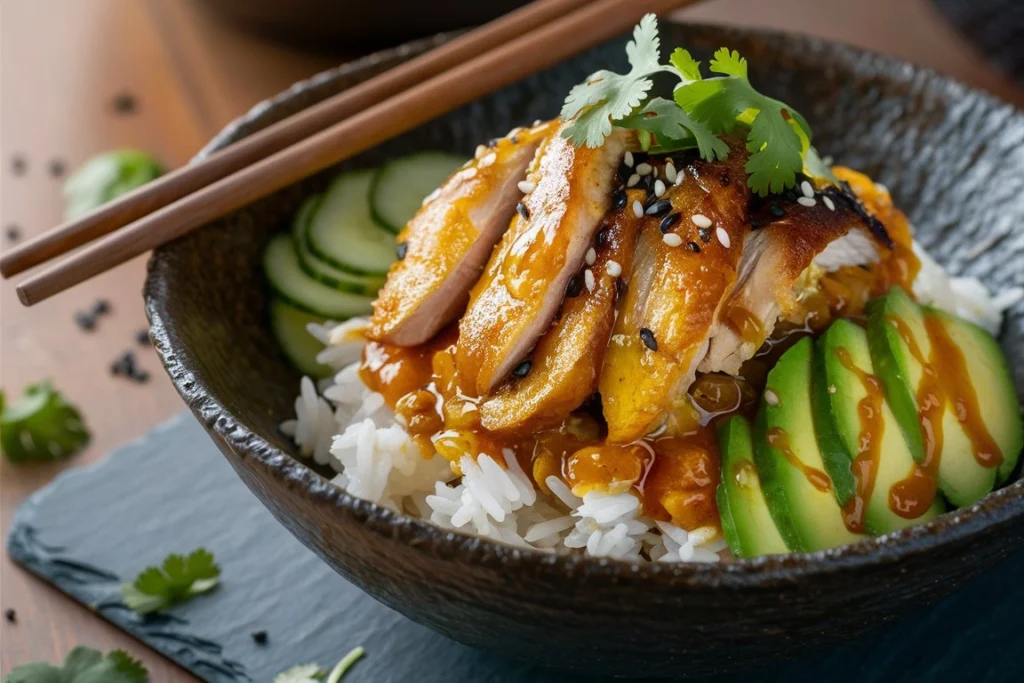 Spicy Honey-Ginger Chicken Bowl with vibrant vegetables, rice, and a sprinkle of sesame seeds