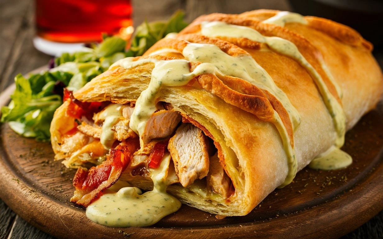 A golden, crispy Chicken Bacon Ranch Stromboli filled with chicken, bacon, and melted mozzarella cheese, ready to serve.