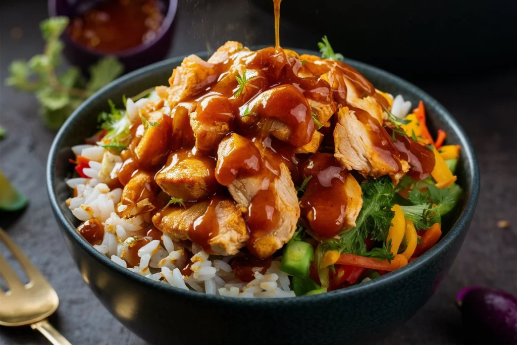 Close-up of juicy, caramelized honey chipotle chicken slices on a plate, garnished with lime wedges and fresh cilantro.

