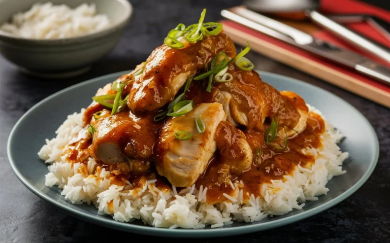 A plate of Bourbon Chicken served with steamed rice and garnished with green onions.