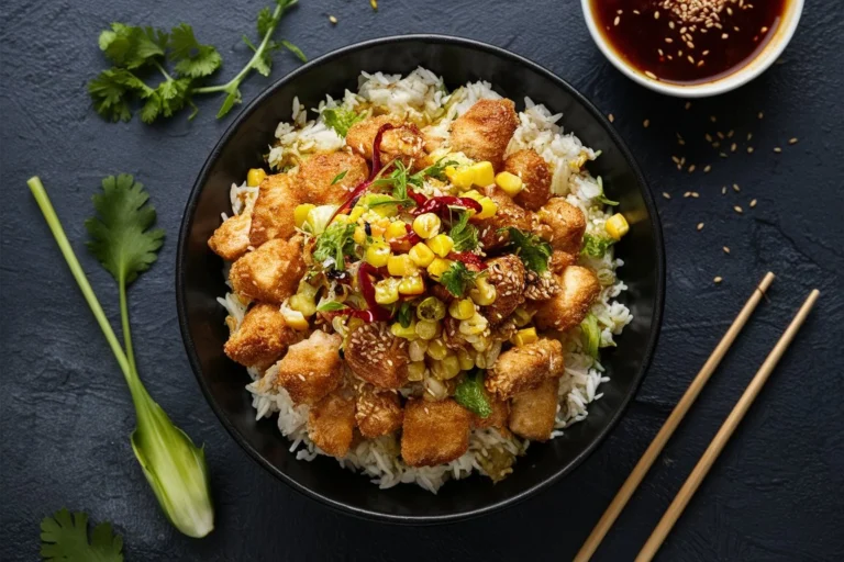 A flavorful Street Corn Chicken Rice Bowl with grilled chicken, creamy elote-style corn, fluffy rice, avocado slices, and fresh cilantro, served in a white bowl