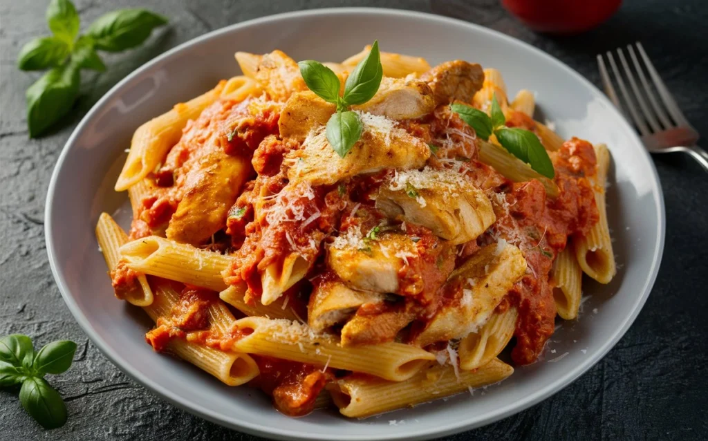 A plate of Marry Me Chicken Pasta with creamy sauce and fresh basil garnish.