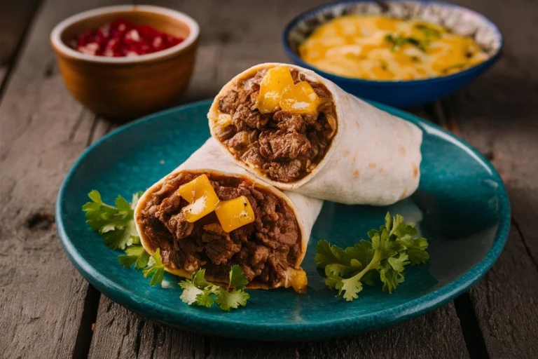 Beef and cheese burrito with a golden tortilla, melted cheese, and savory beef filling.