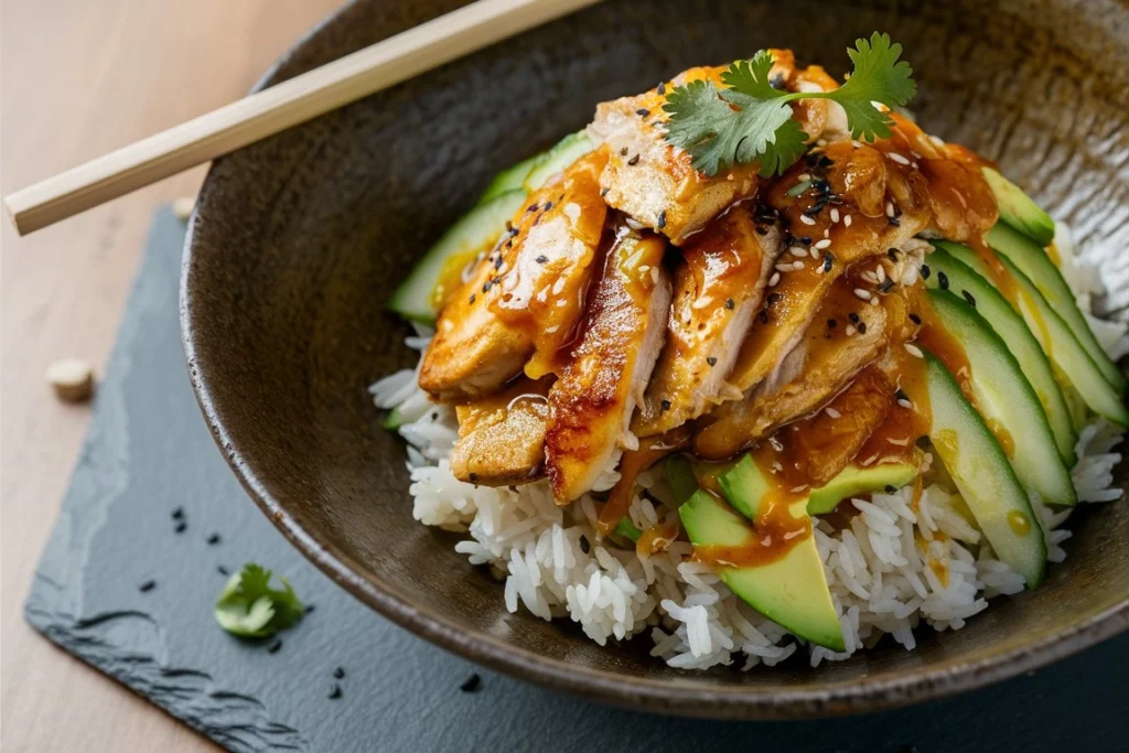 Delicious Spicy Honey-Ginger Chicken Bowl with rice, fresh herbs, and a drizzle of sauce