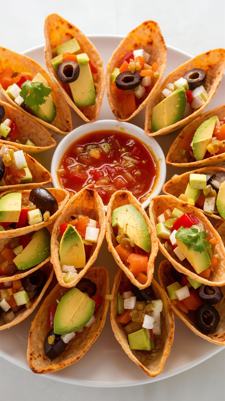 A bowl of crispy tortilla scoops served with salsa and guacamole, perfect for dipping and snacking.