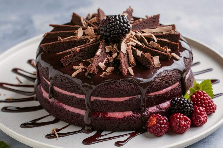 A rich and moist dark chocolate blackberry cake topped with fresh blackberries and glossy ganache.