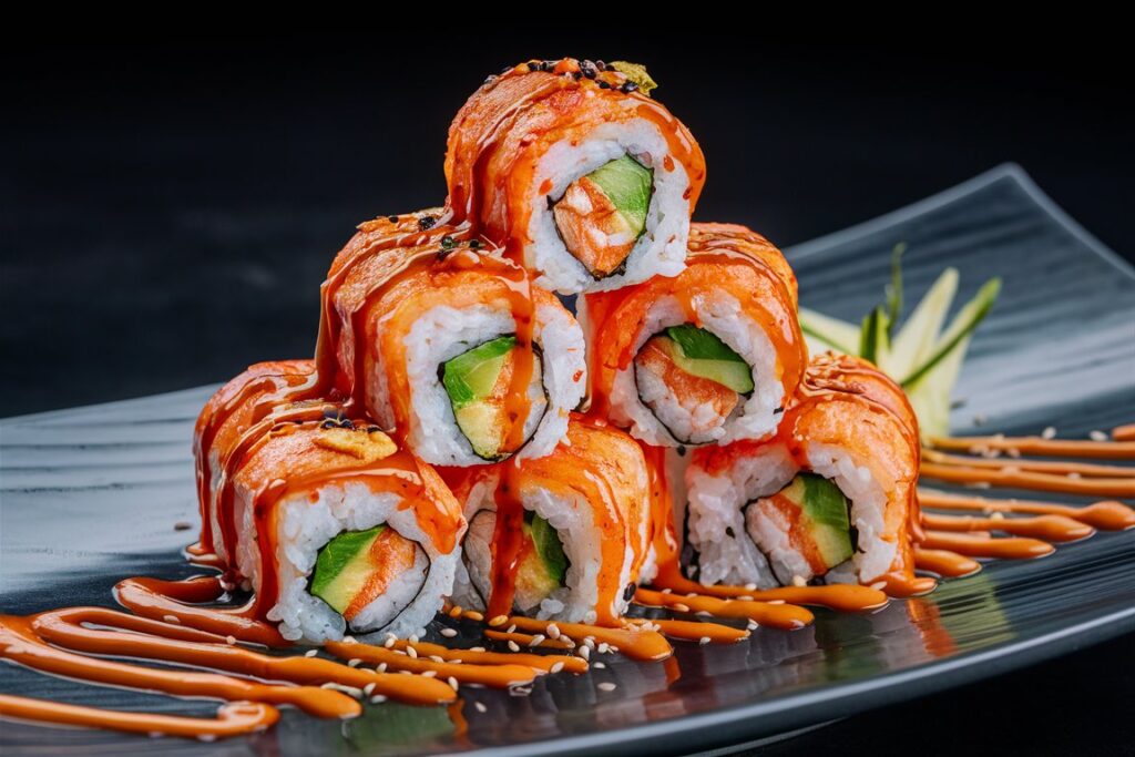 A plated spicy shrimp sushi stack with a drizzle of sriracha mayo and a side of soy sauce.