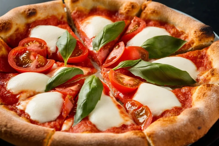 A freshly baked Margherita pizza with a golden crust, melted mozzarella, vibrant red tomato sauce, and fresh basil leaves.