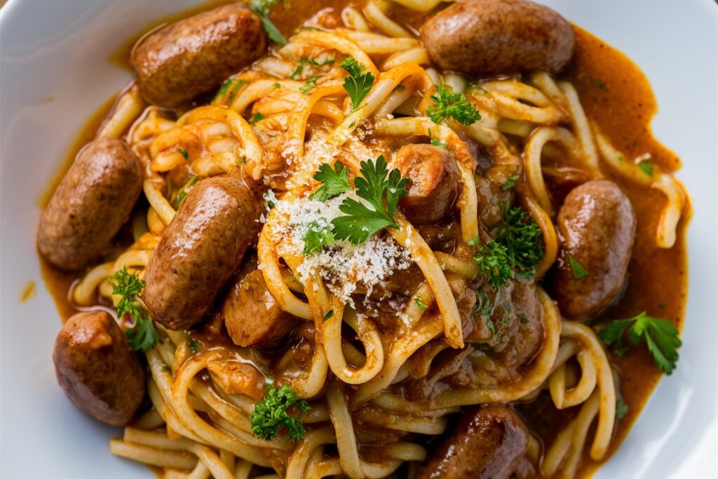 A plate of honey garlic sausage pasta garnished with fresh parsley.