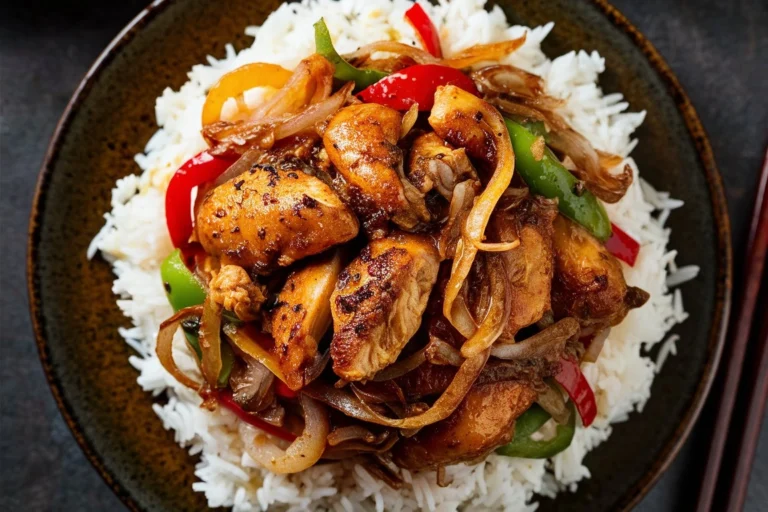 A delicious plate of Black Pepper Chicken stir-fry with colorful bell peppers and onions, served over steamed jasmine rice