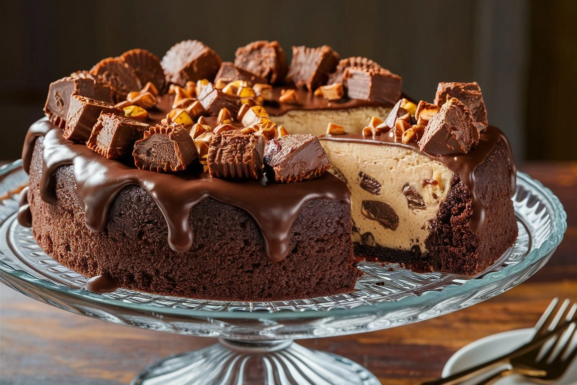 A rich, creamy Reese’s Peanut Butter Cheesecake topped with chocolate ganache and chopped Reese’s cups.