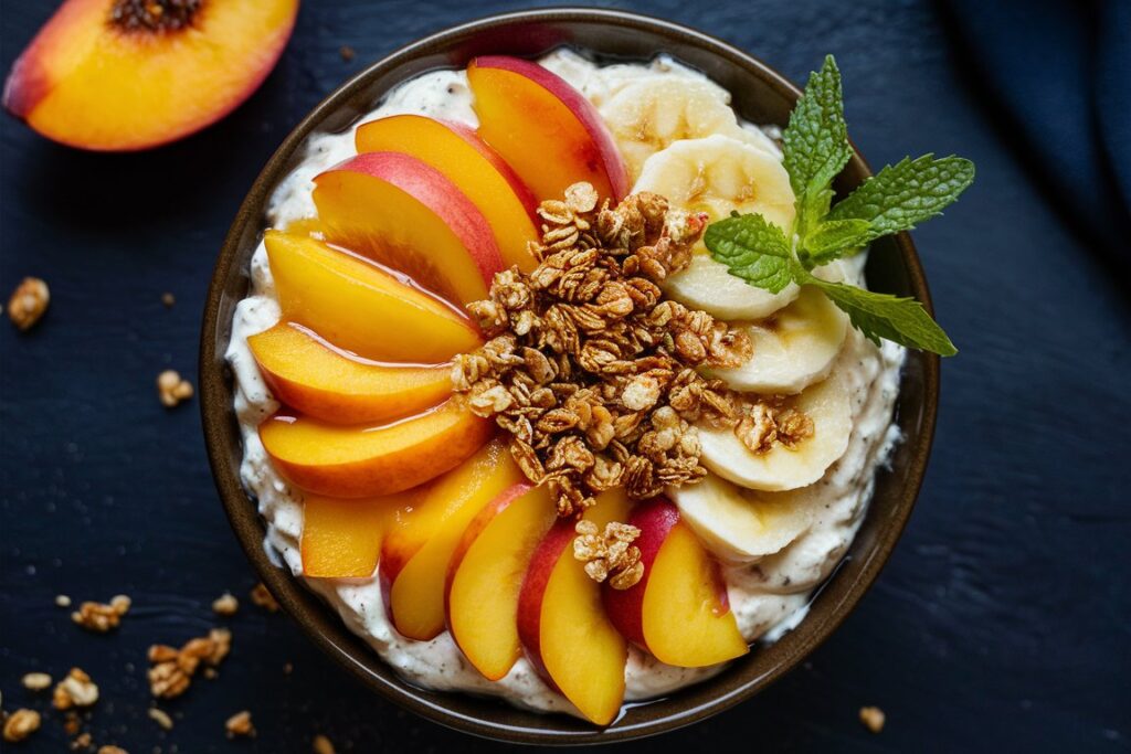 A bowl of Millionaire Peach Salad with a creamy texture, garnished with fresh peach slices and a sprinkle of pecans, served on a rustic wooden table.

