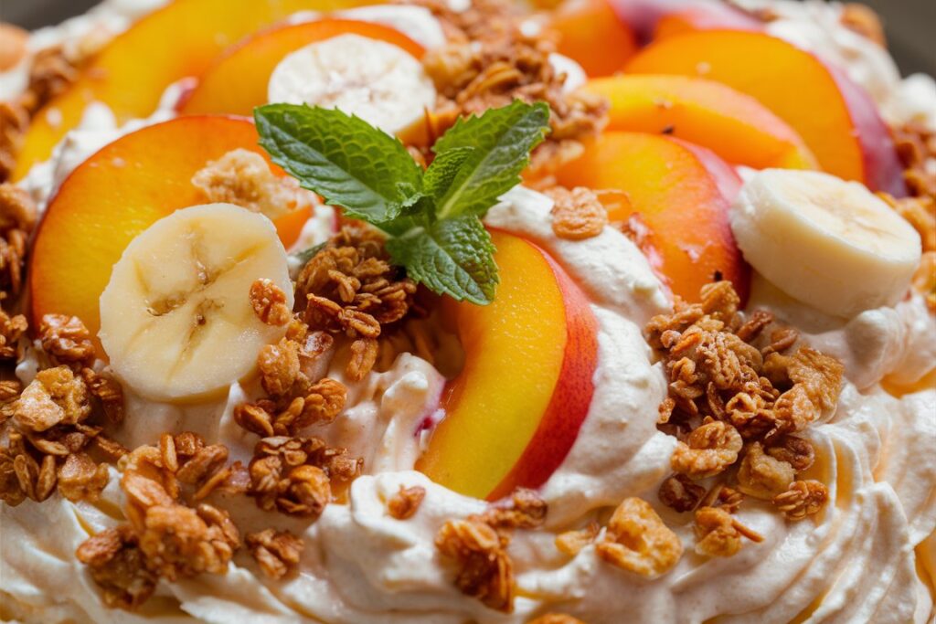 A close-up of a spoon scooping creamy Millionaire Peach Salad from a decorative bowl, showing bits of peaches, marshmallows, and nuts.

