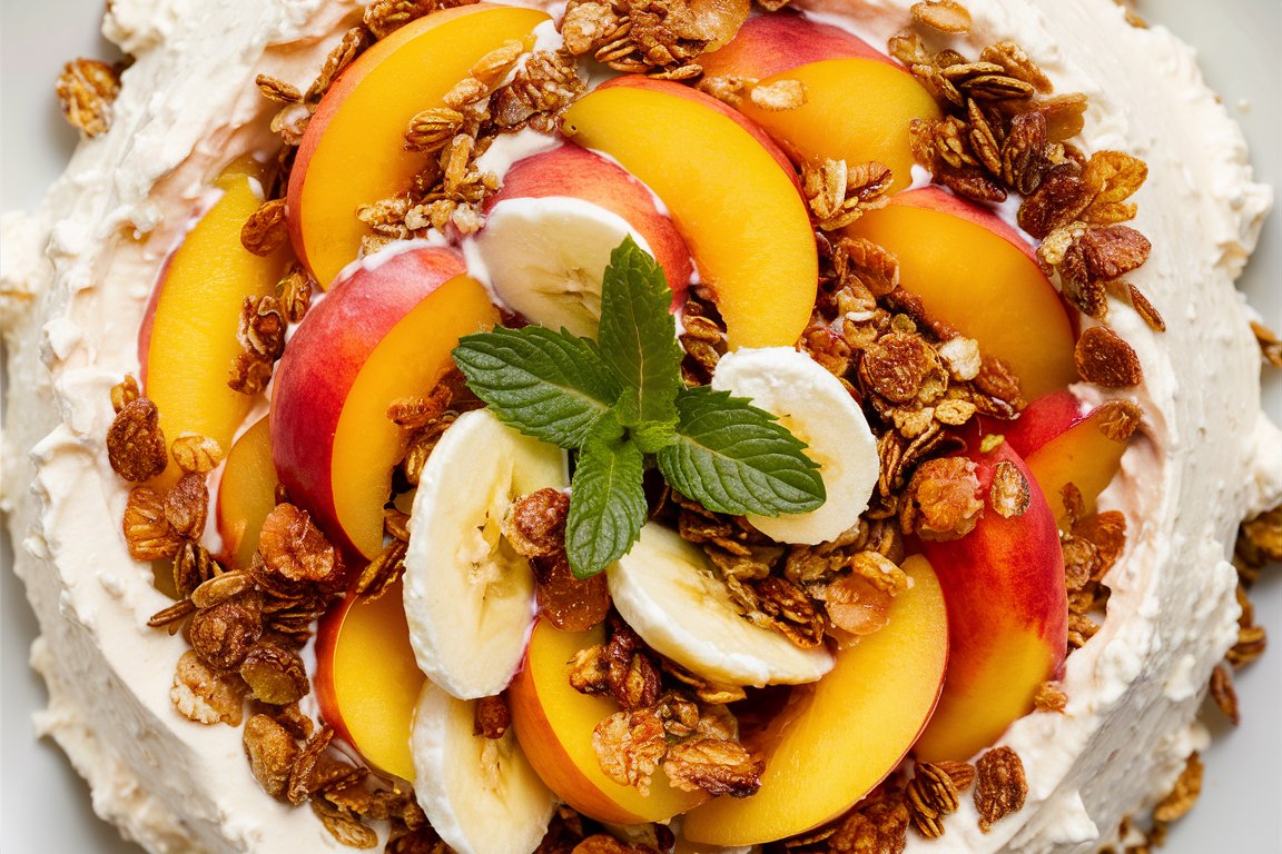 A creamy, fluffy Millionaire Peach Salad in a serving bowl, garnished with peach slices and chopped pecans, with a spoonful ready to be served.