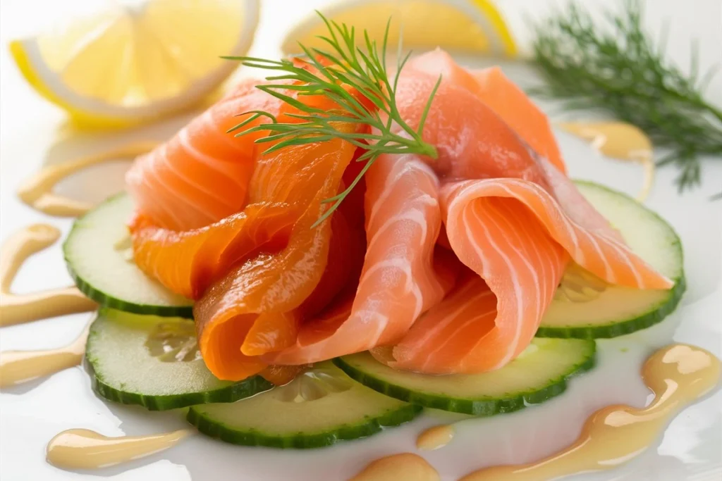 Fresh smoked salmon cucumber rolls with cream cheese, garnished with dill and capers, served on a white platter.