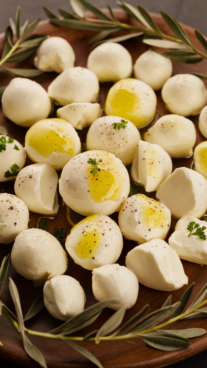 A bowl of fresh mozzarella balls marinated in olive oil, garlic, and fresh herbs, garnished with cherry tomatoes and basil.