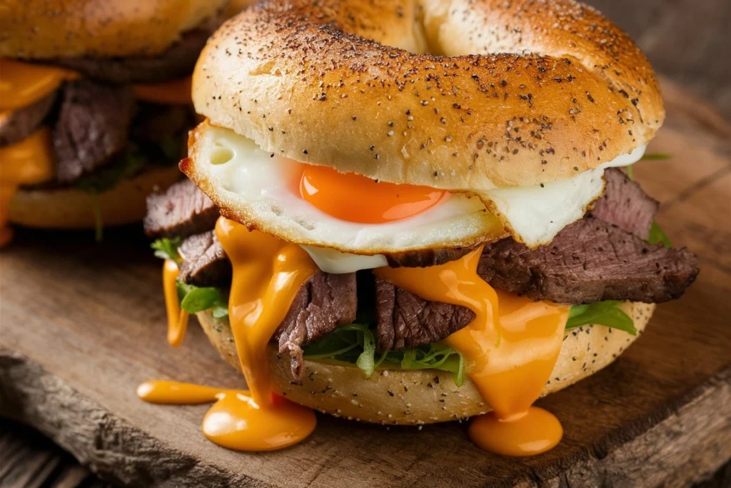 A breakfast plate featuring a steak, egg, and cheese bagel sandwich with a side of crispy hash browns