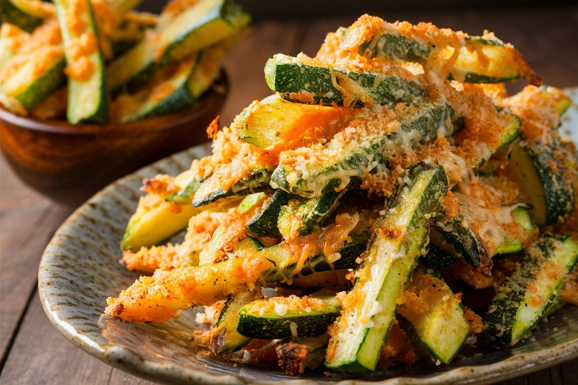 A plate of crispy, golden-brown Parmesan zucchini fries served with a side of marinara sauce