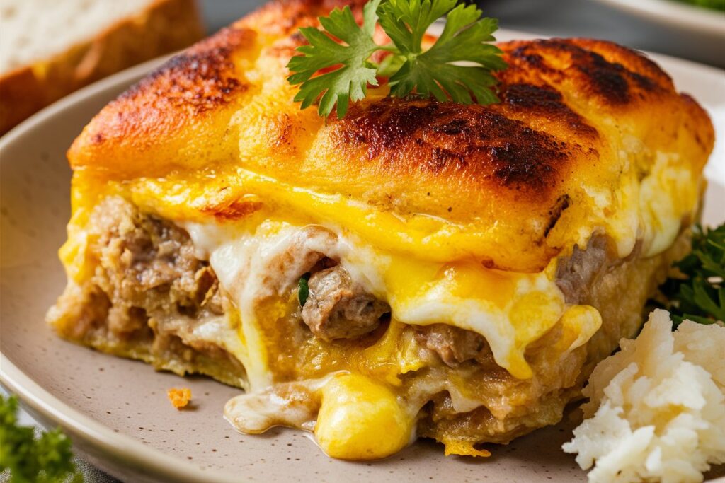 A slice of sausage and egg casserole served on a plate with fresh herbs.