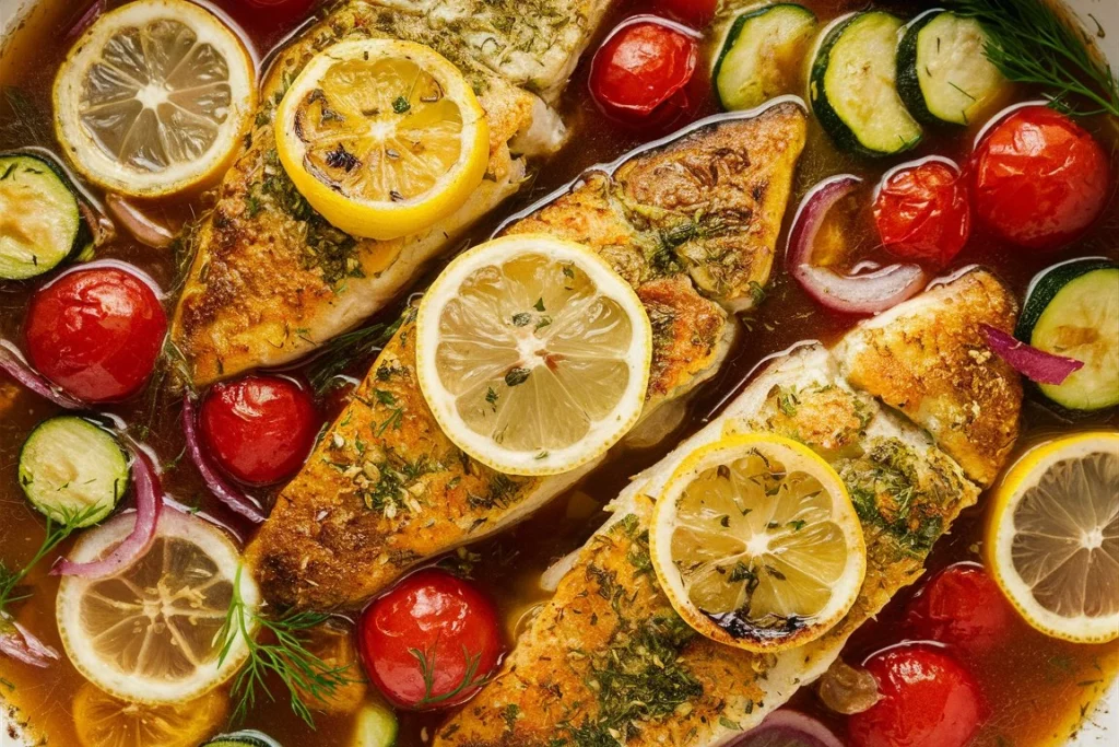 Baked fish served with herbs, olives, and vegetables