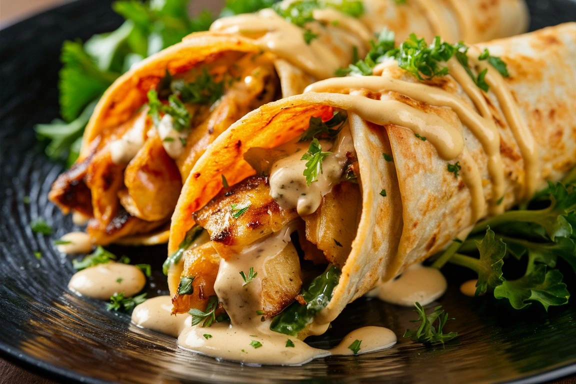 Close-up of cheesy garlic chicken wraps with melted cheese and garlic butter sauce.