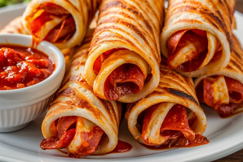 Close-up of melted mozzarella and pepperoni inside a freshly baked pizza roll-up.
