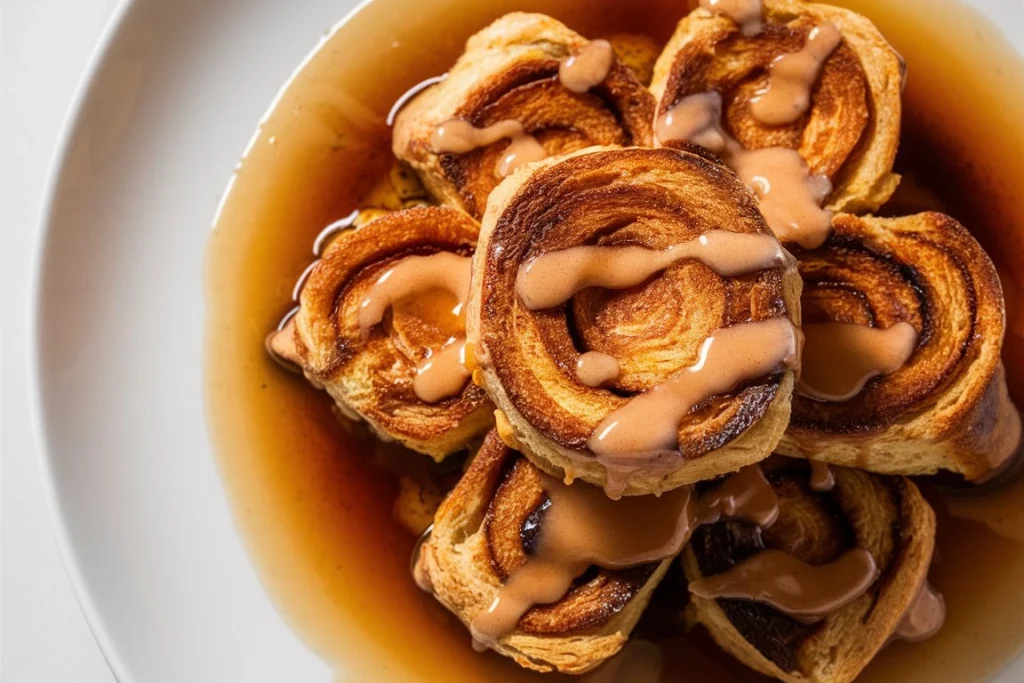 A platter of Cinnamon Roll French Toast served with fresh berries and syrup.