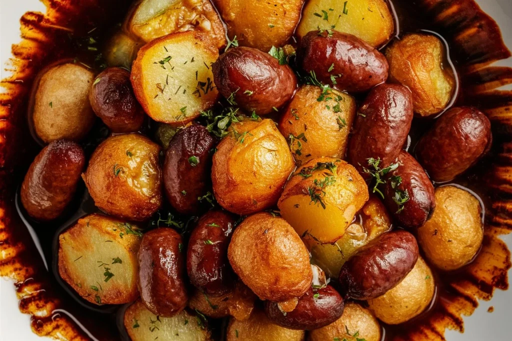 Golden-brown potato cubes and sliced smoked sausage sizzling in a cast-iron skillet.
