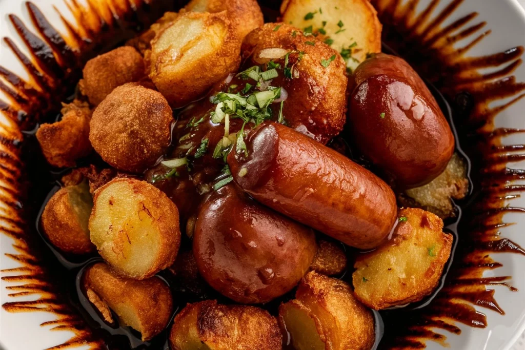 A close-up of crispy fried potatoes and juicy Polish sausage on a white plate, garnished with herbs.